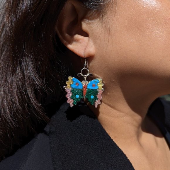 Native American Jewelry Butterfly Earrings‎ Multi Stones Inlay Zuni Handmade*** - Picture 4 of 9
